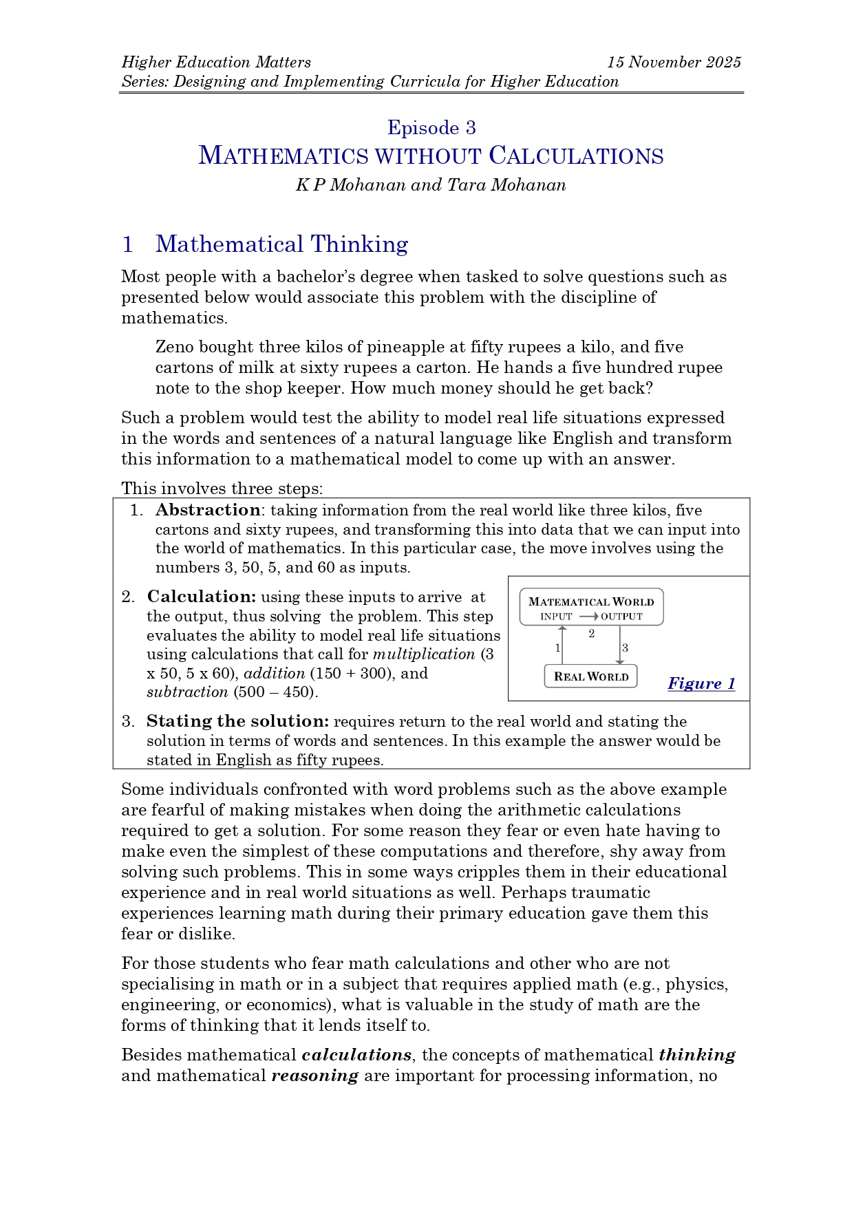Mathematics without Calculations: K.P Mohanan and Tara Mohanan Image